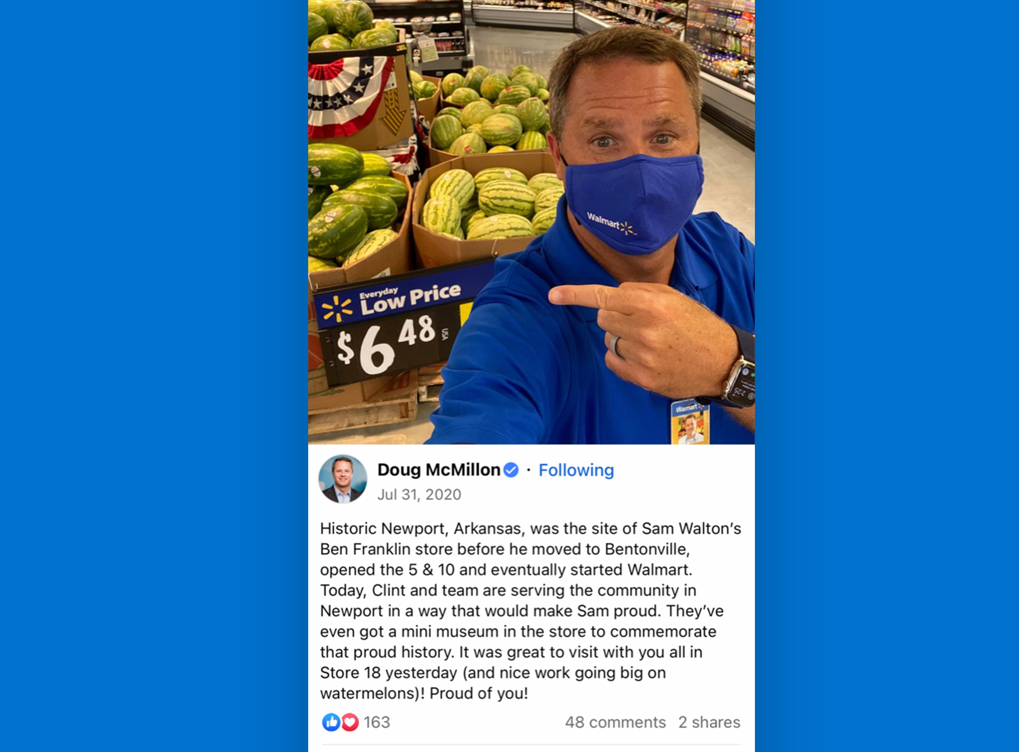 Screen shot of Doug McMillon's social post, praising Store 18 and store manager Clint.