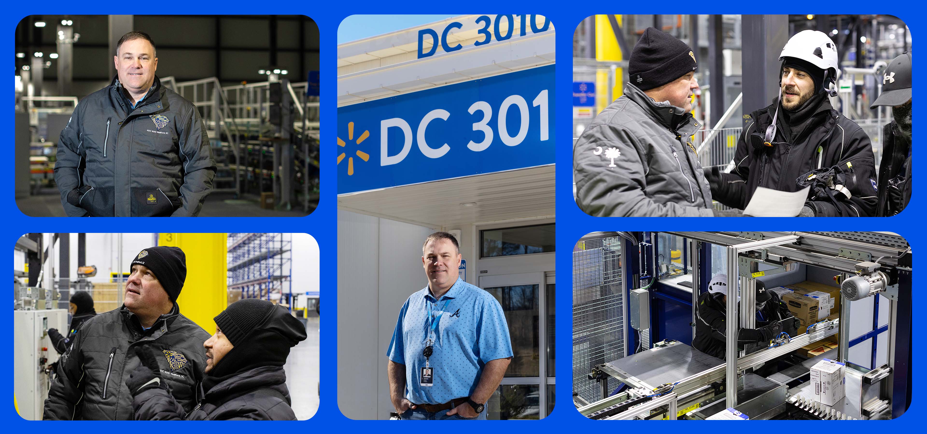Collage of associates and scenes from Walmart’s perishable distribution center in Wellford, South Carolina.