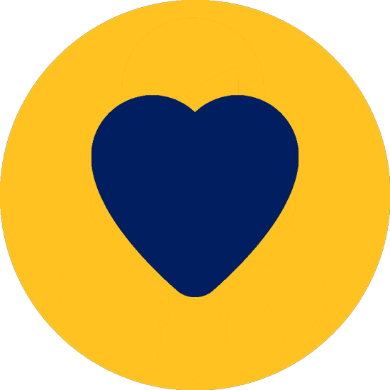 Heart icon in Bentonville Blue against a circlular background in Spark Yellow