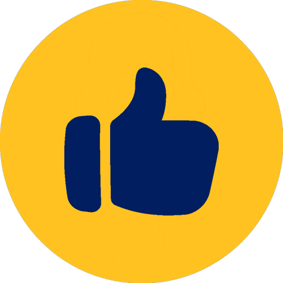Thumbs up icon in Bentonville Blue against a circlular background in Spark Yellow