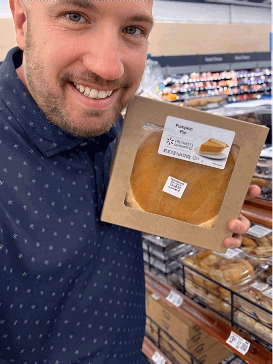 Bo poses with a Thanksgiving favorite - Great Value pumpkin pie from Walmart!