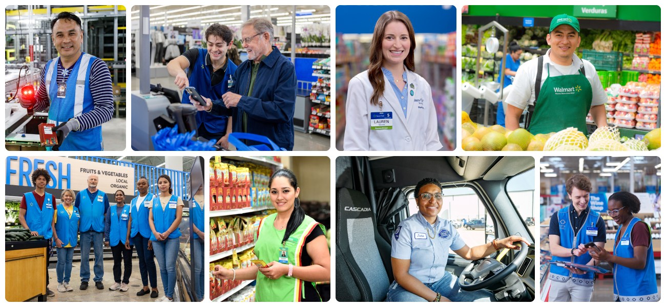 Image collage of associates including photos of Walmart associates in a store, with a customer, Sam’s Club, pharmacy, supply chain and international.