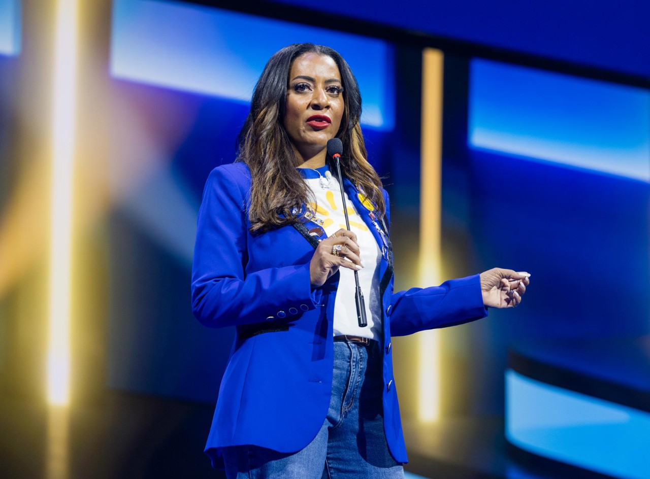 Chief Merchandising Officer Latriece Watkins speaks to the crowd at the Walmart U.S. Meeting.